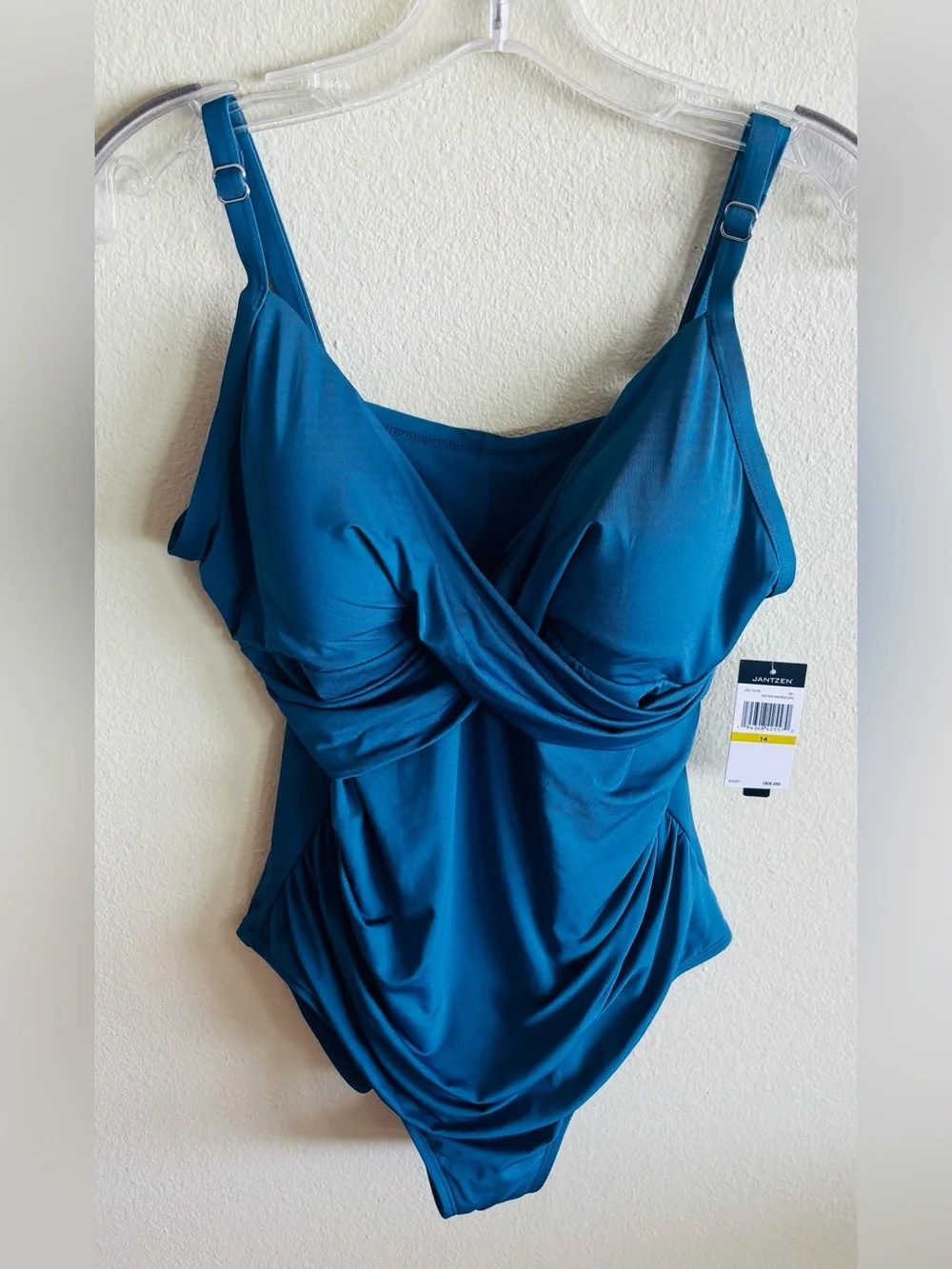 NWT Jansen One Piece 
Ruched Crisscross V Neck Push Up Swimsuit in Blue Size: 14 - Picture 3 of 7